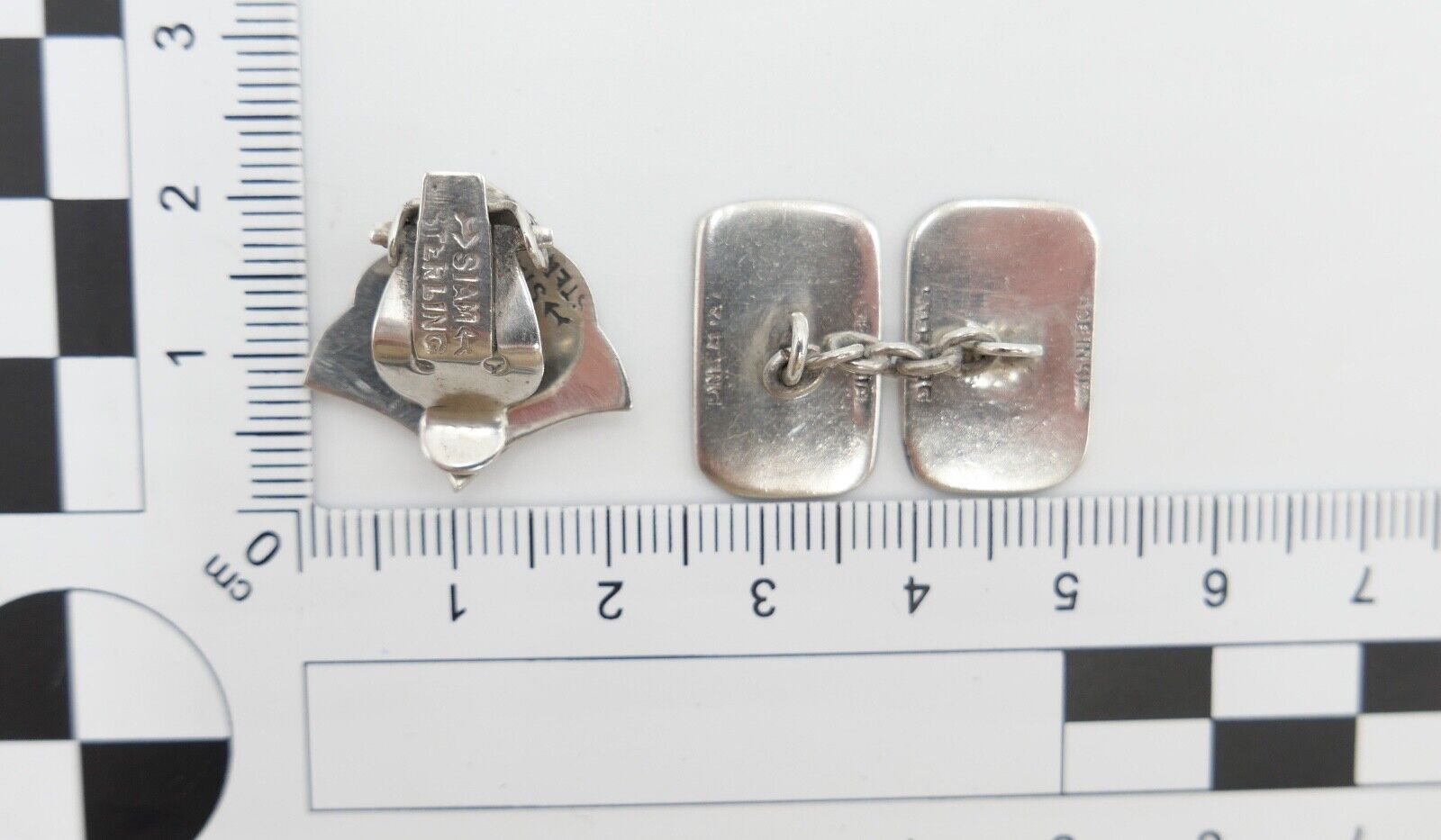 30er 40er Vintage Siam Sterling Silber Dunkelblau Grau Emaille Ohrclips - Antikhandel-Stuttgart