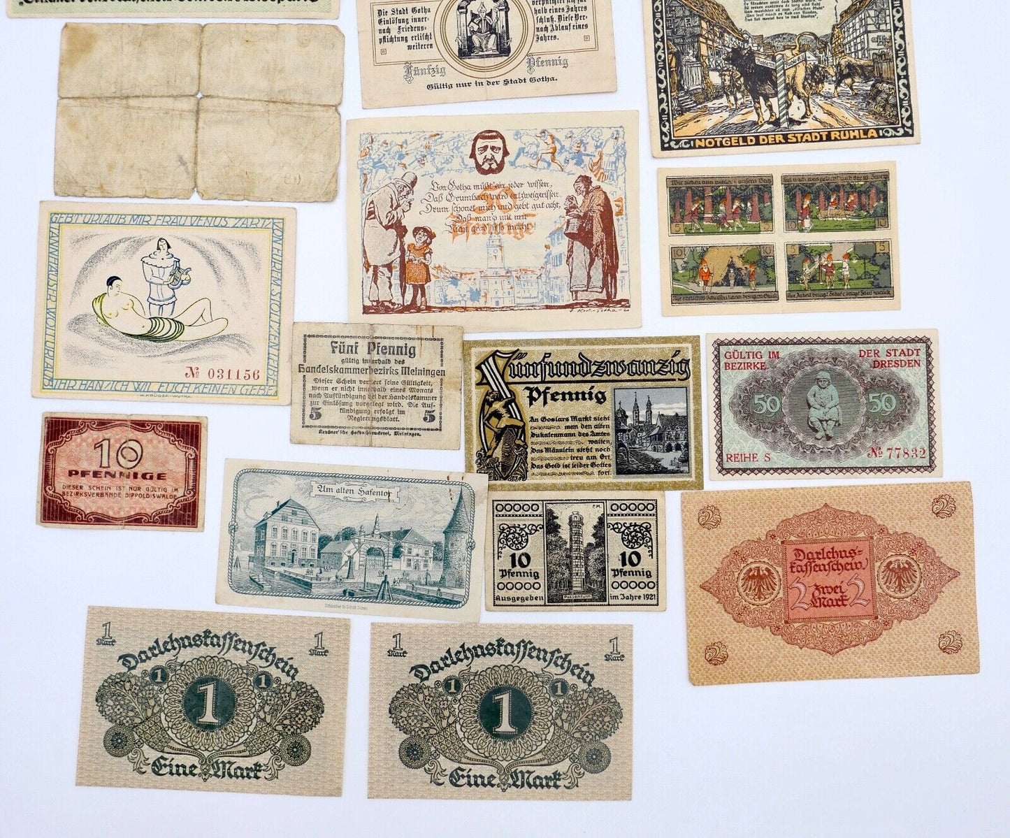 Posten 21 Notgeld Scheine 5 10 25 50 Pfennig 1 2 Mark teilweise UNC unzirkuliert - Antikhandel-Stuttgart