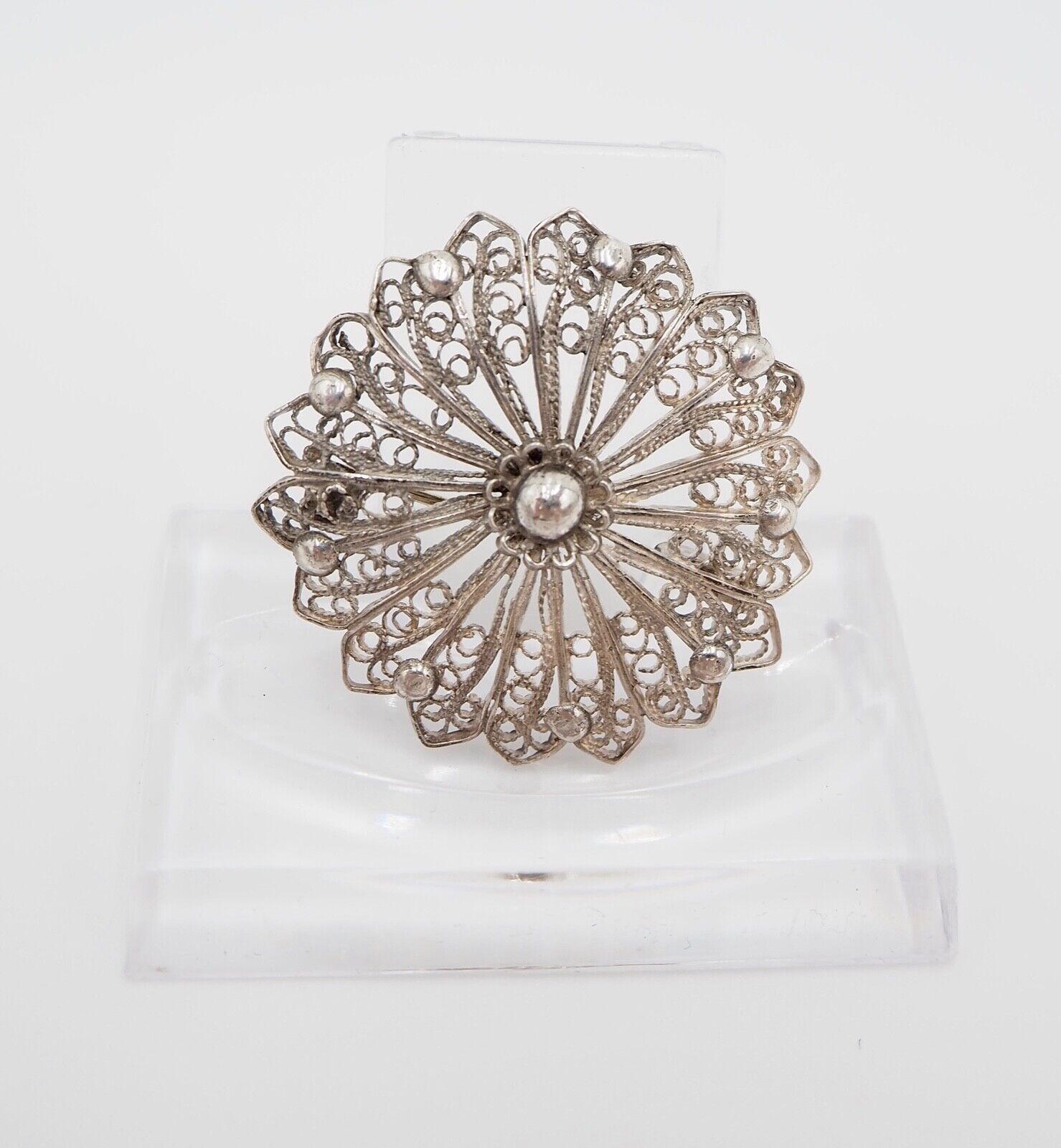 alte filigrane florale Brosche mit Silber Perlen Kugeln Feinsilber Silber 1000 - Antikhandel-Stuttgart