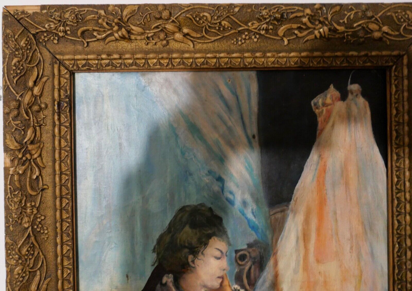 Gemälde Öl oil Leinwand 67x51 cm signiert "GODO" Vater an Kinderwiege - Antikhandel-Stuttgart