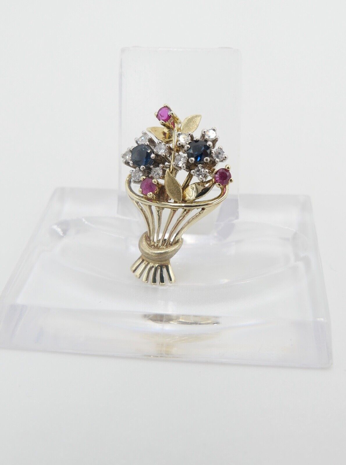 1980er florale Blumenkor 585 14K Bicolor Gold Brosche Brillanten Rubinen Saphire - Antikhandel-Stuttgart