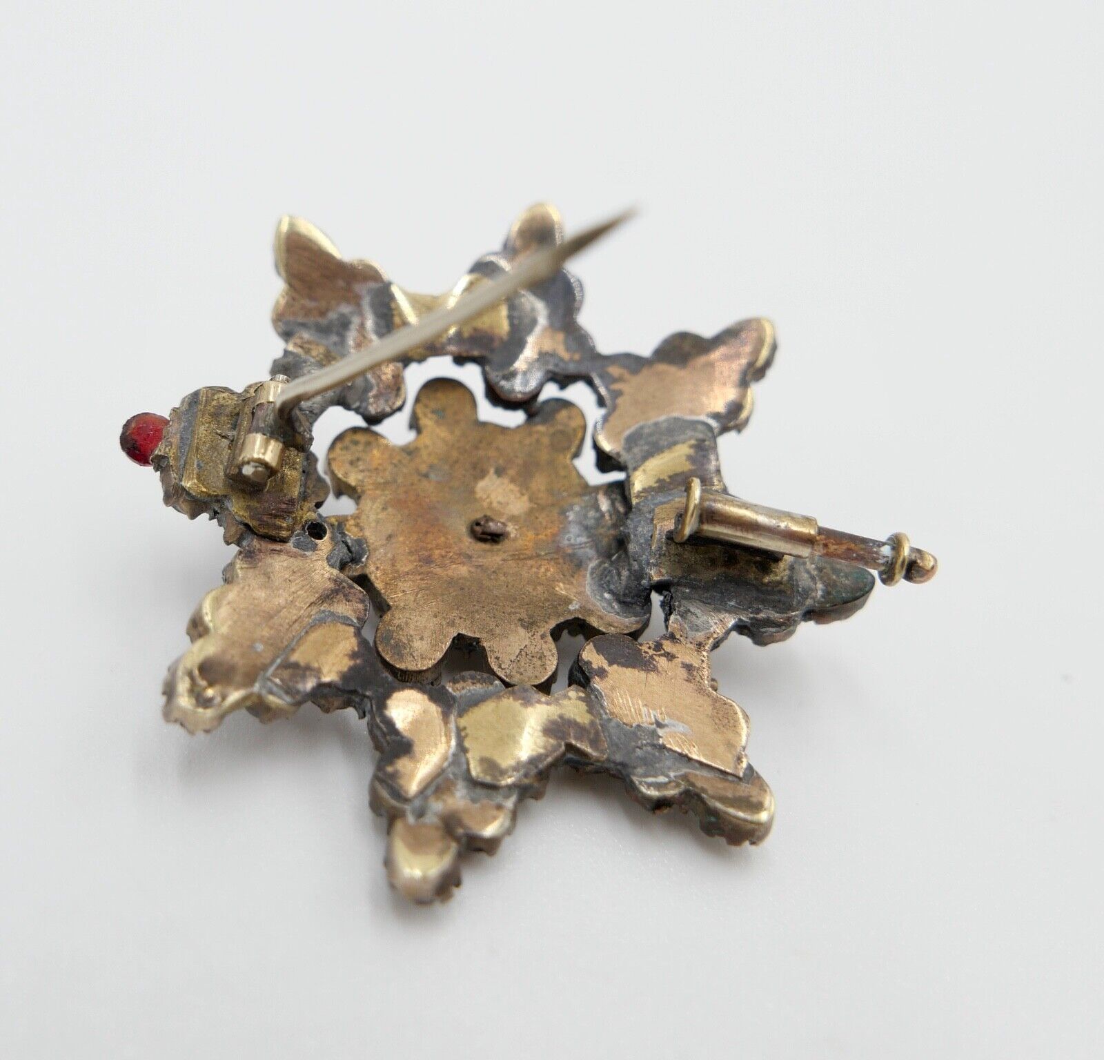 Antike Stern Granat Brosche um 1860 Tombak vergoldet Ø38mm Böhmischer Granat - Antikhandel-Stuttgart