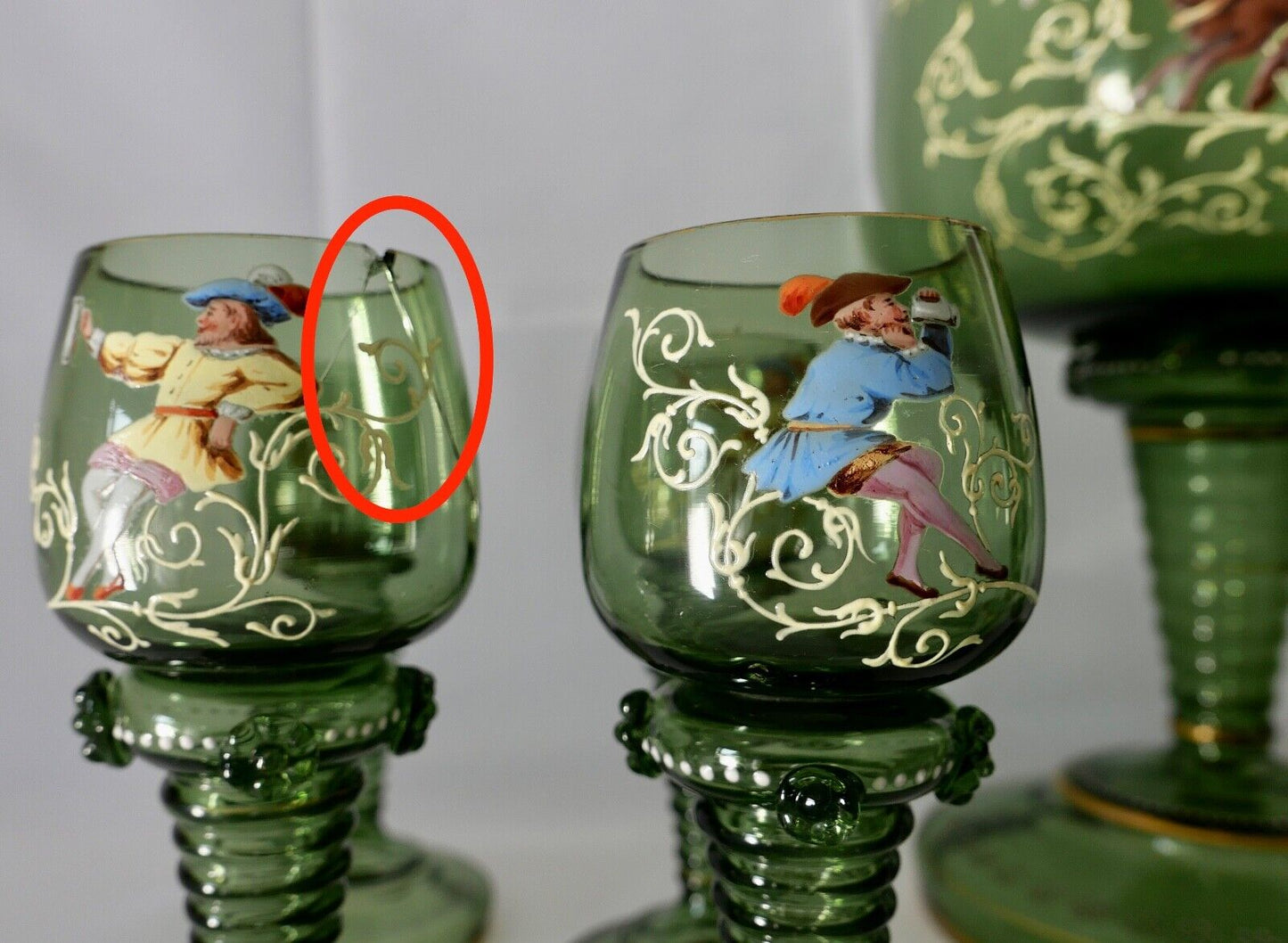 Antike Weinrömer Gläser Pokal XXL Bowle Set grün Emaille RAR Goldrand 53cm 1900 - Antikhandel-Stuttgart