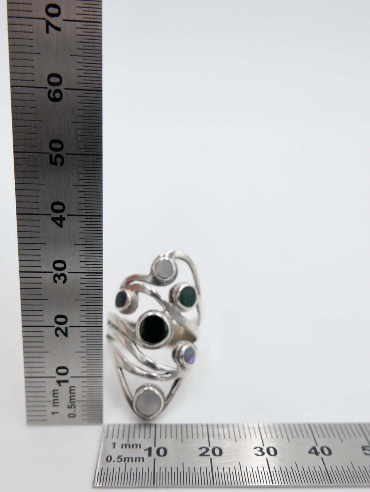 80er Silberrring Damen Statement Ring Gr. 60 Silber 925 Türkis Malachit Perlmutt - Antikhandel-Stuttgart