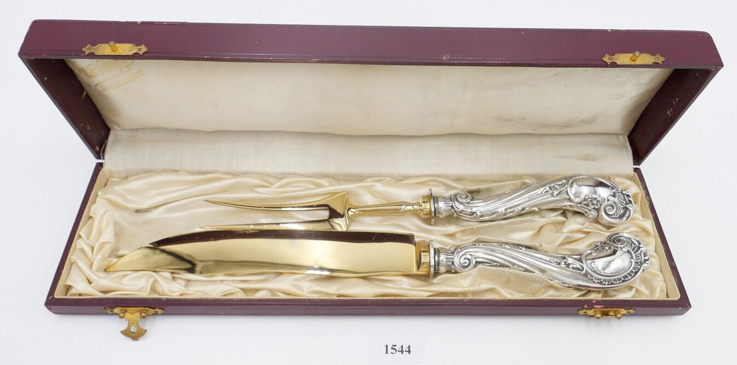 2 Tlg. antik Besteck Jugendstil um 1900 Silber 800 vergoldet original Etui - Antikhandel-Stuttgart