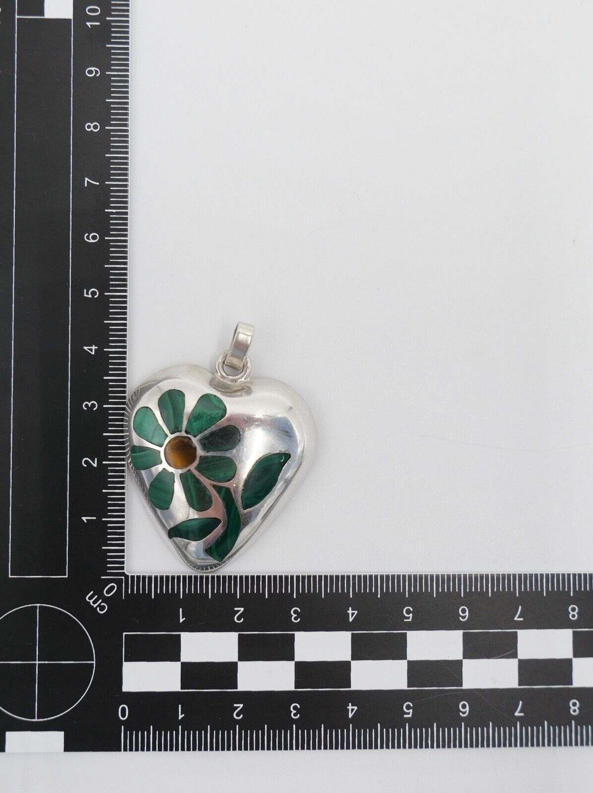 925 Silber Taxco Antonio Hernandez Herz Anhänger mit Malachit Tigerauge 40x35 mm - Antikhandel-Stuttgart