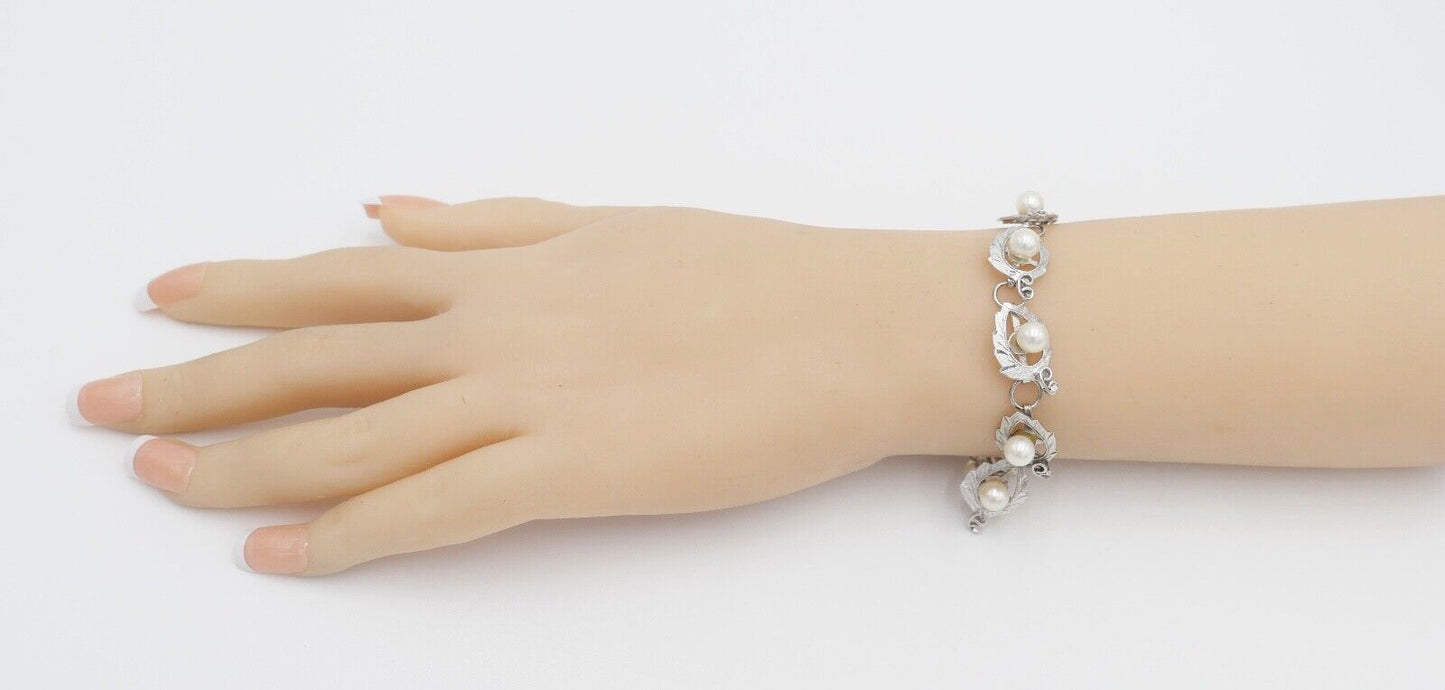 Silber Gliederarmband mit Zuchtperlen floral - Antikhandel-Stuttgart