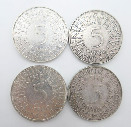 4x 5 DM 1960 J.387 Silbermünzen Silberadler Heiermann Komplettsatz D F G J - Antikhandel-Stuttgart
