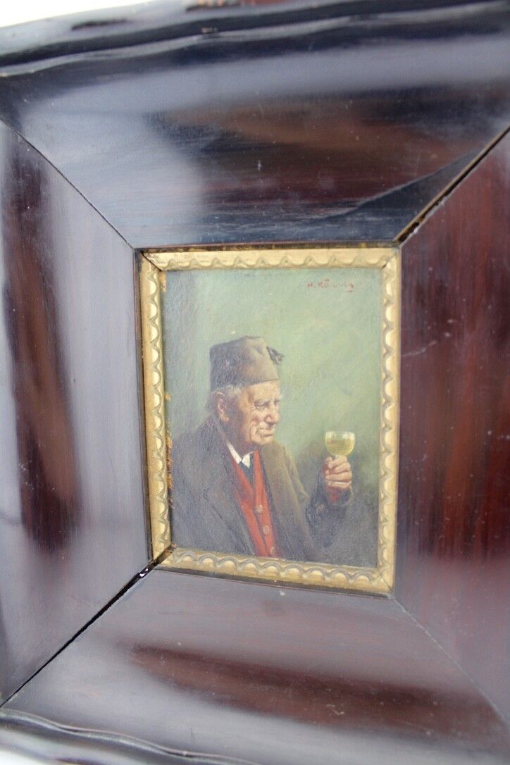 " HEIN KÖNIG " Bild Öl Gemälde Portrait Mann mit Weinglas 32x29 cm Gerahmt - Antikhandel-Stuttgart