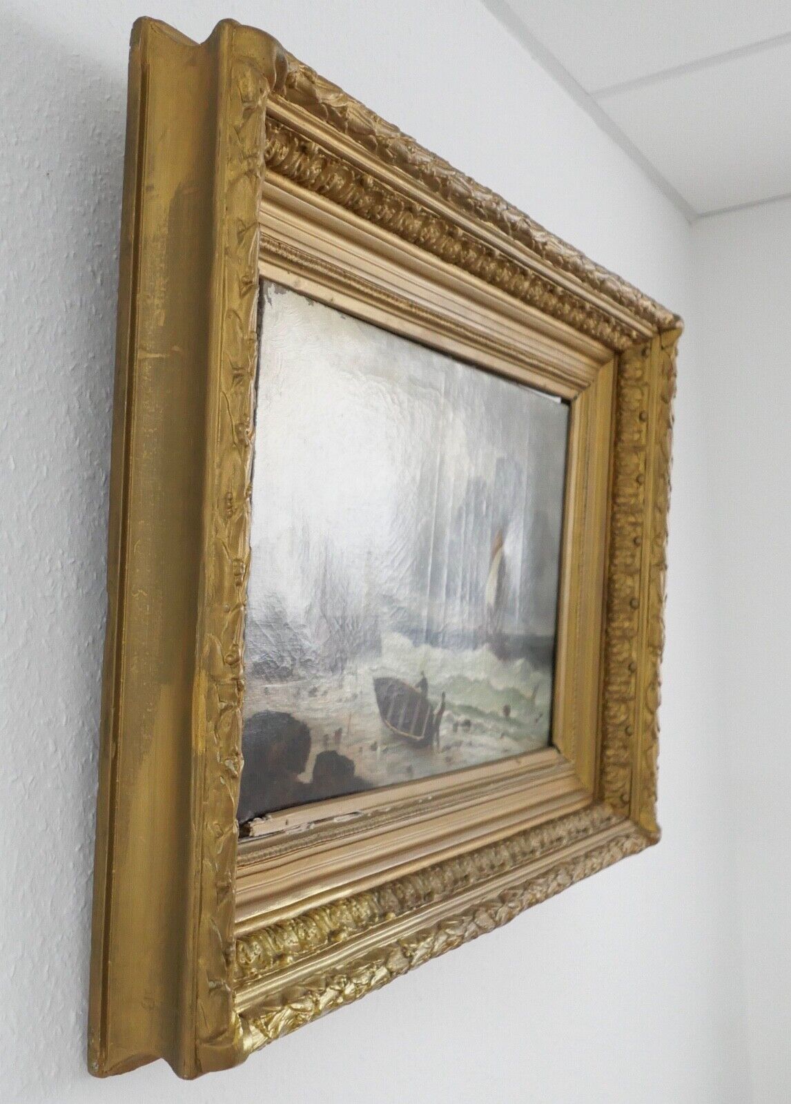 85,5 x 63 cm Gemälde Meer Schiffe Öl auf Leinwand Goldrahmen Prunkrahmen - Antikhandel-Stuttgart