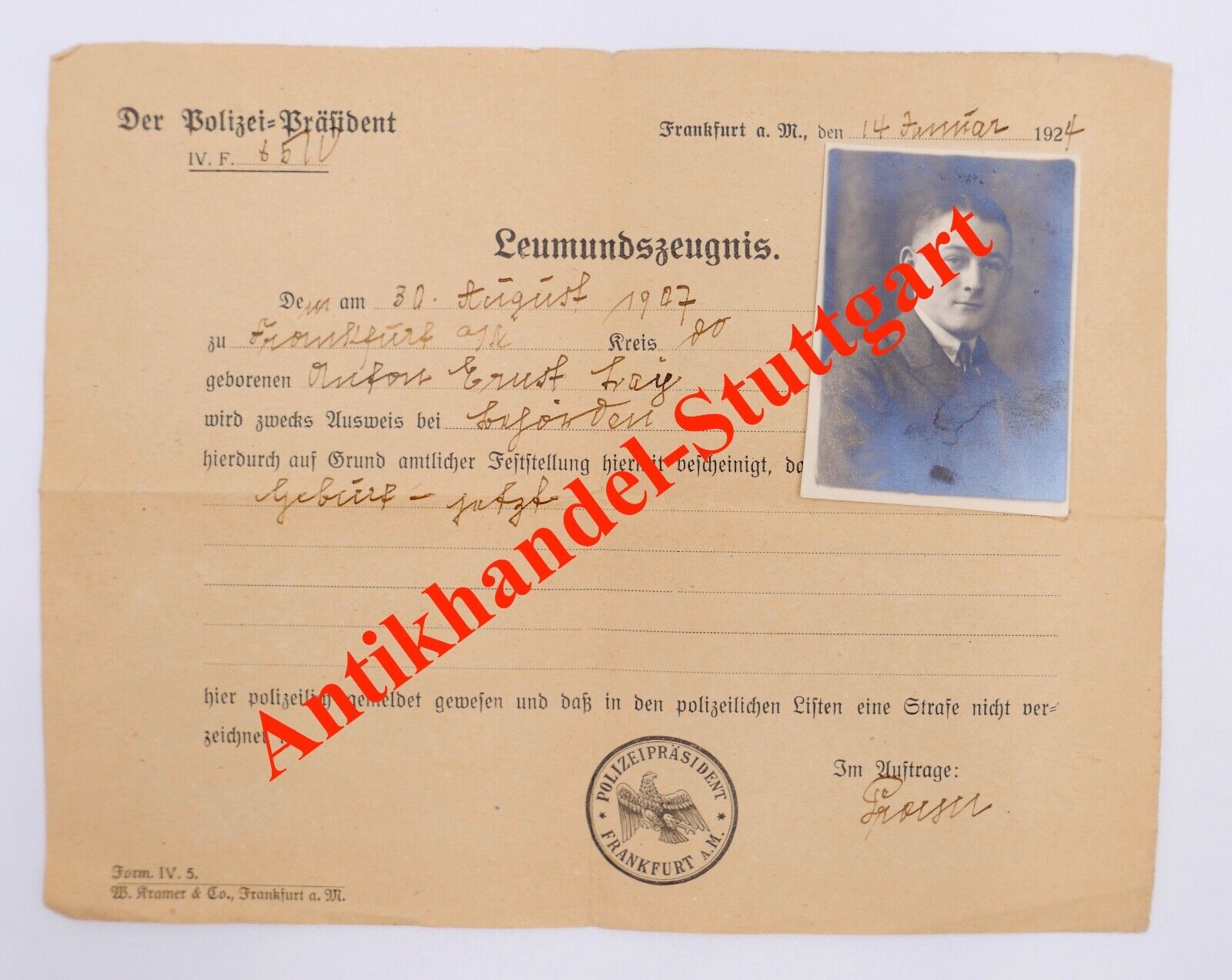Leumundszeugnis Führungszeugnis 1924 mit Foto Frankfurt am Main Polizeipräsident - Antikhandel-Stuttgart