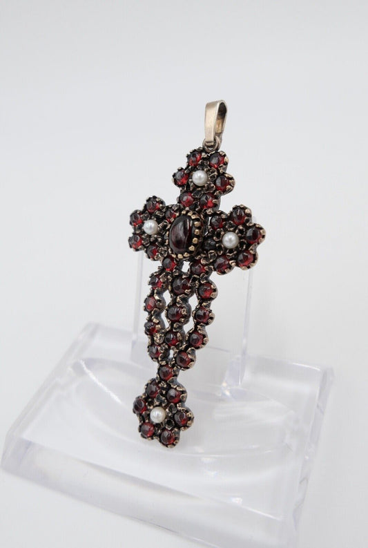 antik großer Granat Kreuz Anhänger um 1860 mit Perlen Silber 925 vergoldet - Antikhandel-Stuttgart