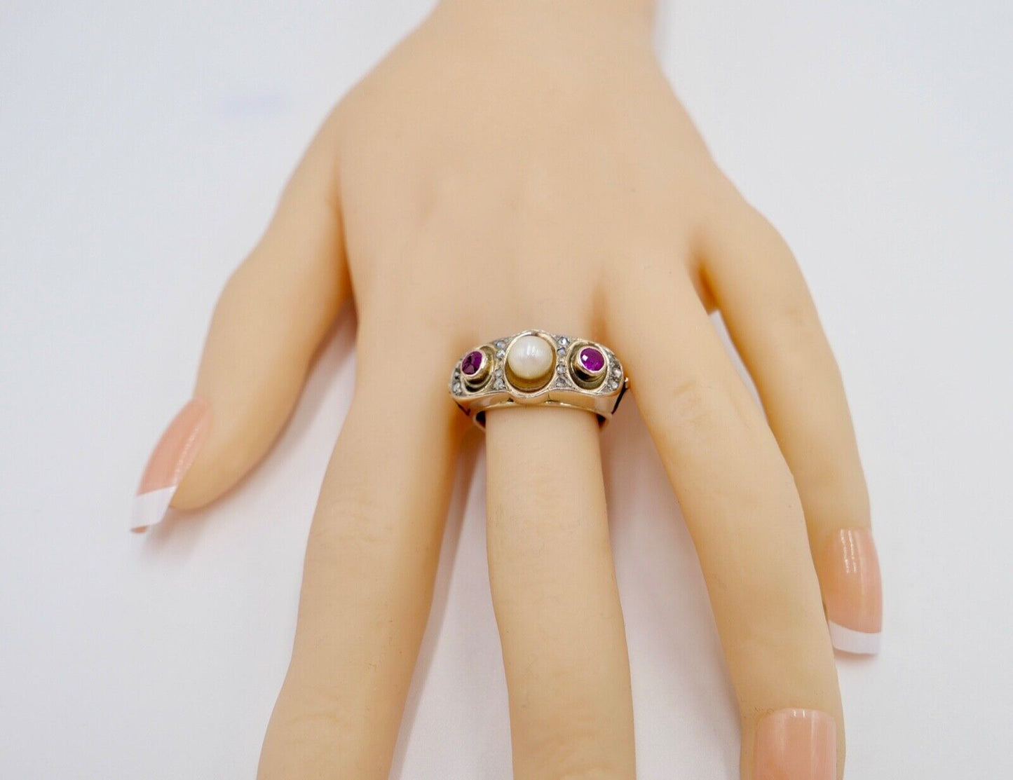 1930er Jahre Diamant Perlen Rubin Damen Gelbgold Ring 585 14K Gr.55 - Antikhandel-Stuttgart