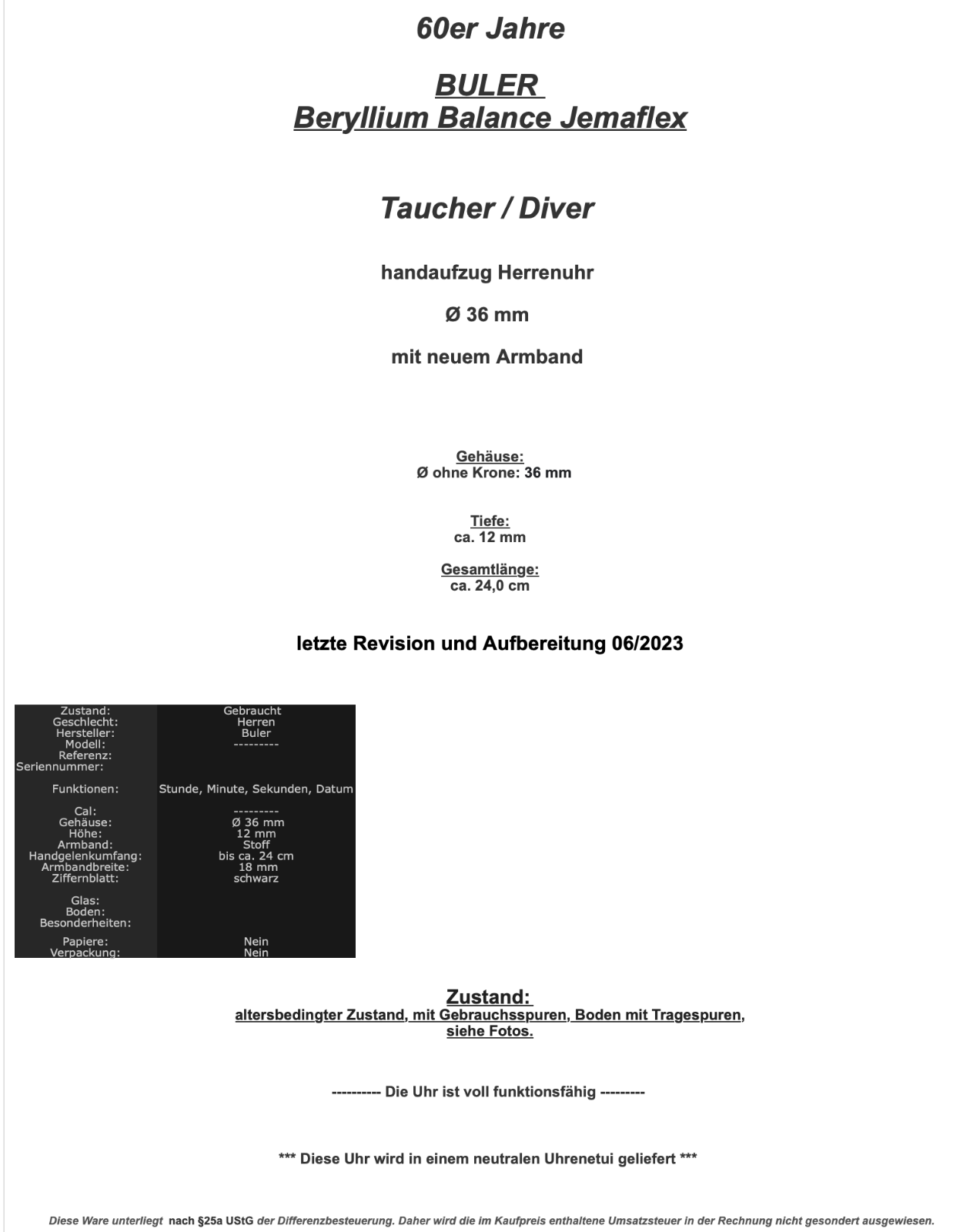 RAR 60er BULER Beryllium Balance Jemaflex DIVER Taucher Ø 36 mm neues Armband - Antikhandel-Stuttgart