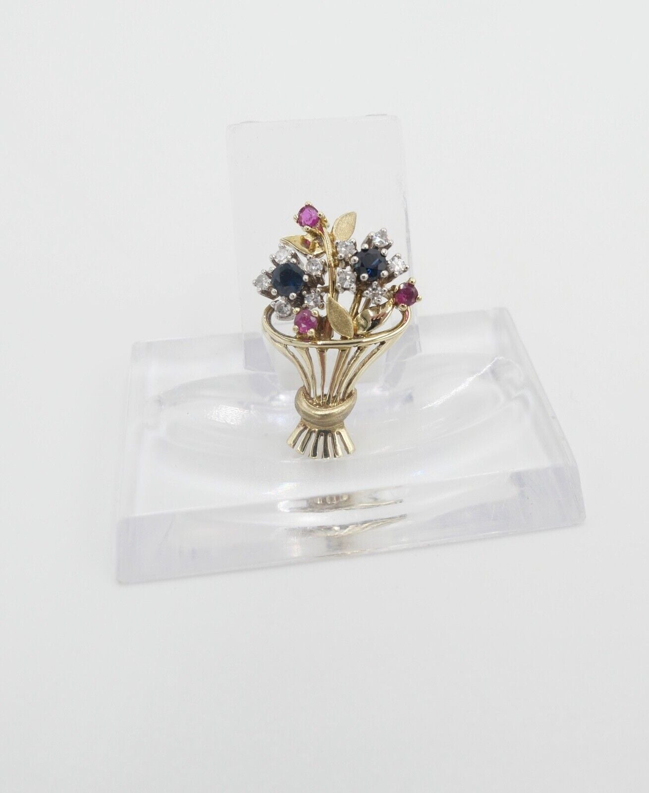 1980er florale Blumenkor 585 14K Bicolor Gold Brosche Brillanten Rubinen Saphire - Antikhandel-Stuttgart