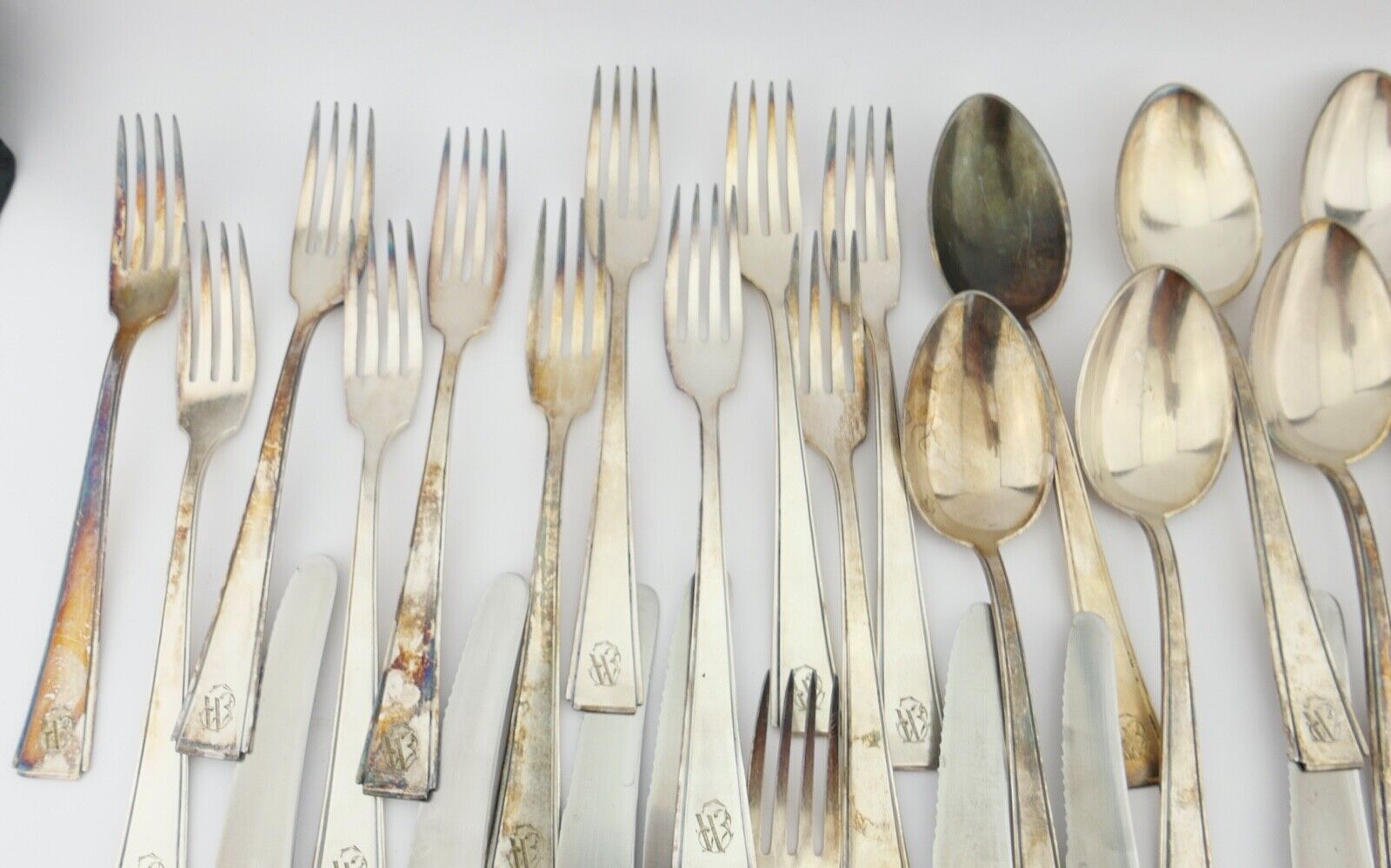 Art Deco " GEBR. HEPP 90 " 36 Tlg. cutlery Besteck 1930er 1940er Monogramm JW WJ - Antikhandel-Stuttgart