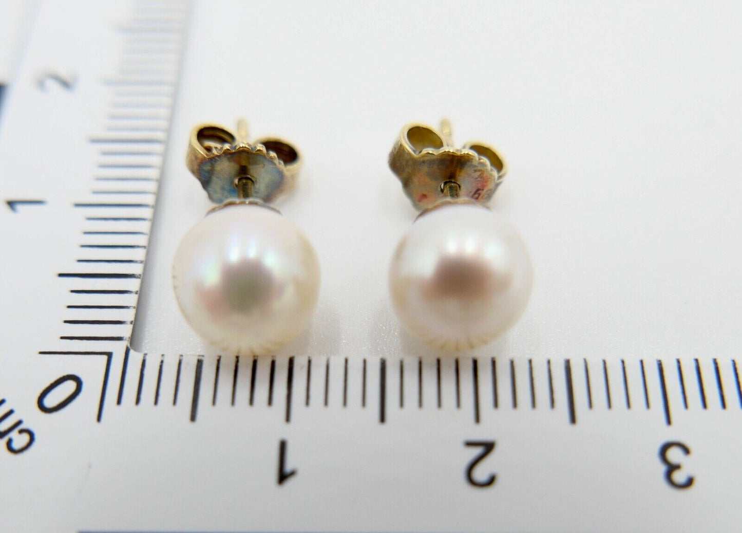 1980er Gelbgold 585 14K Perlen Ohrringe Ohrstecker Ø 7,9mm Butterfly Verschluss - Antikhandel-Stuttgart