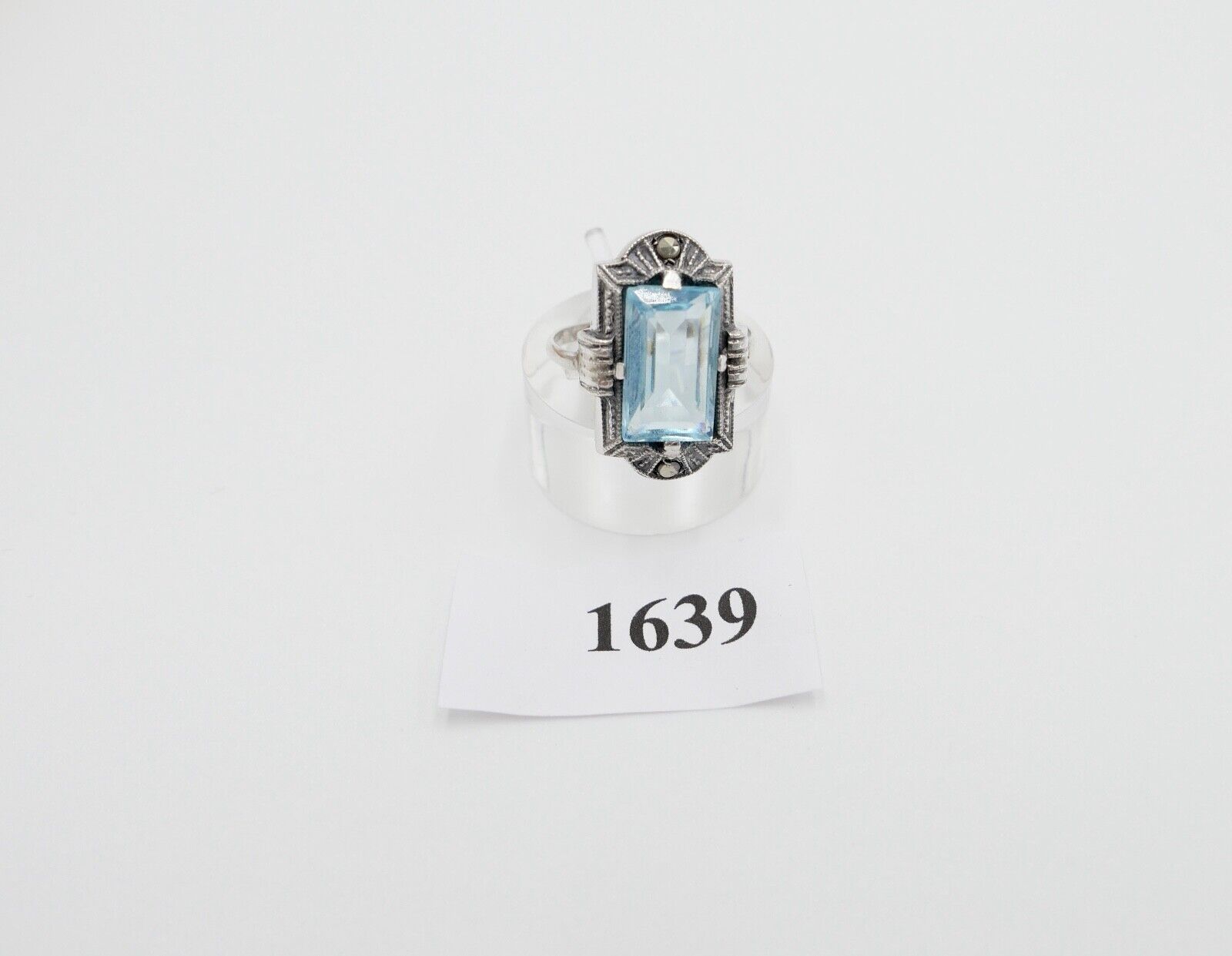 ART DECO Damenring Ring Silber 830 Gr. 53 mit Markasit blauer Glasstein - Antikhandel-Stuttgart