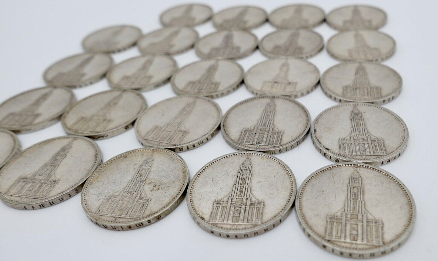 24x 5 Reichsmark 900 Silbermünzen J. 357 Garnisonskirche 1935 aus Münzrolle - Antikhandel-Stuttgart