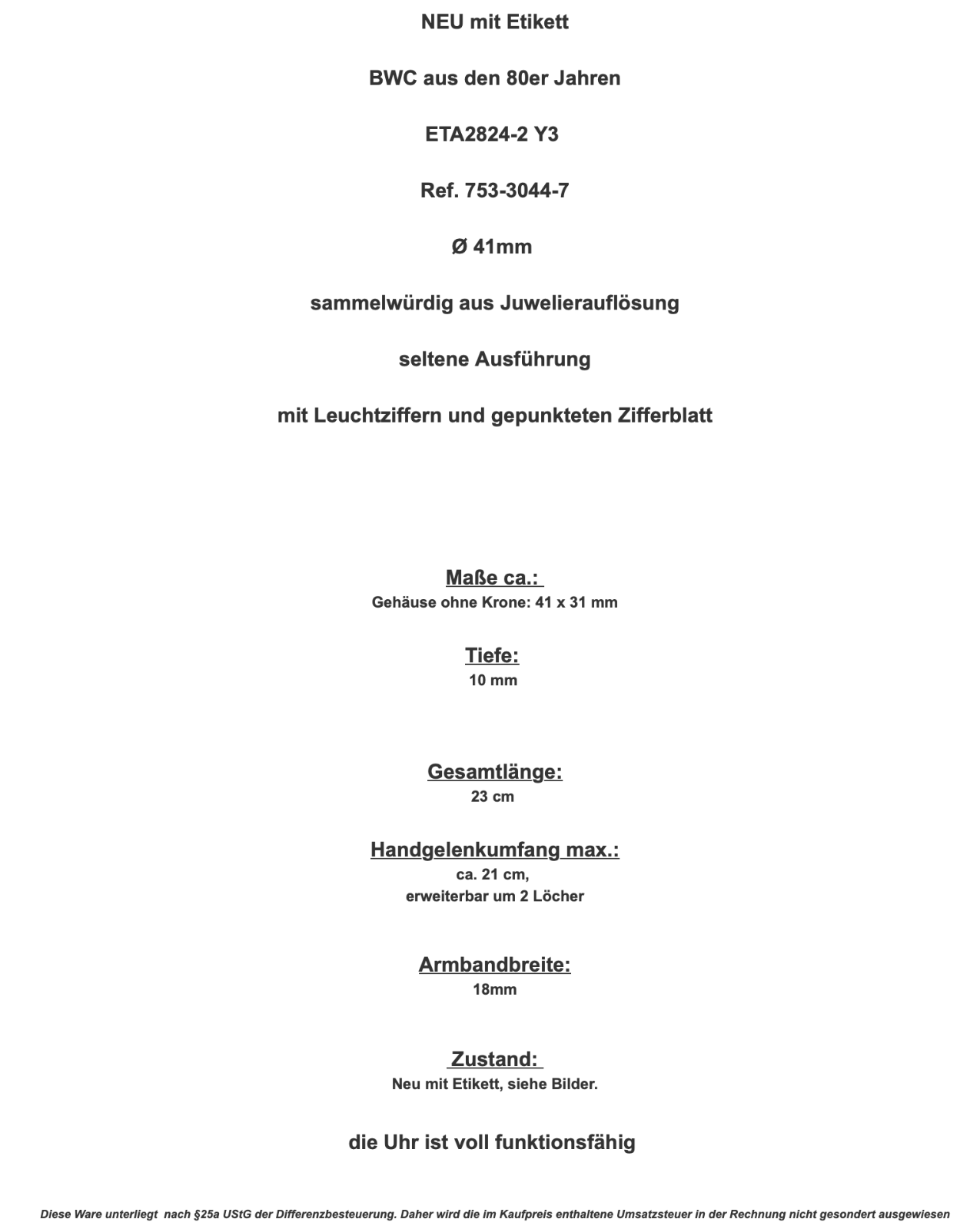 NEU sammelwürdig BWC ETA2824-2 Y3 Ref. 753-3044-7 Ø 41mm aus Juwelierauflösung - Antikhandel-Stuttgart
