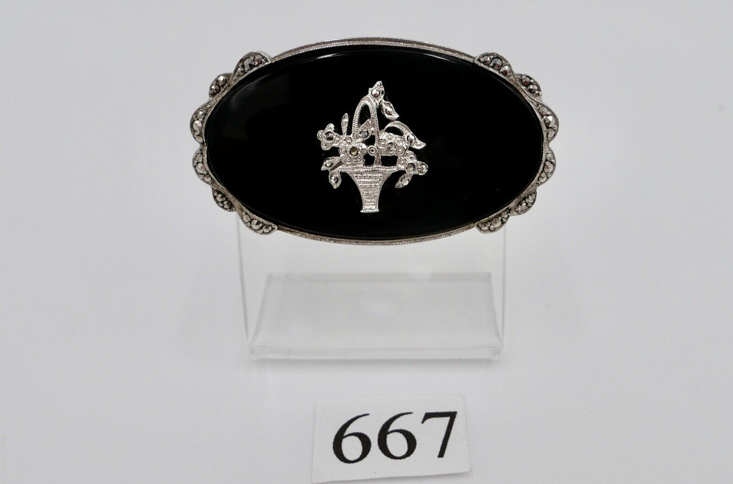 Seltene florale ONYX Markasiten 925 Silber Brosche CNP Ø 53 mm - Antikhandel-Stuttgart