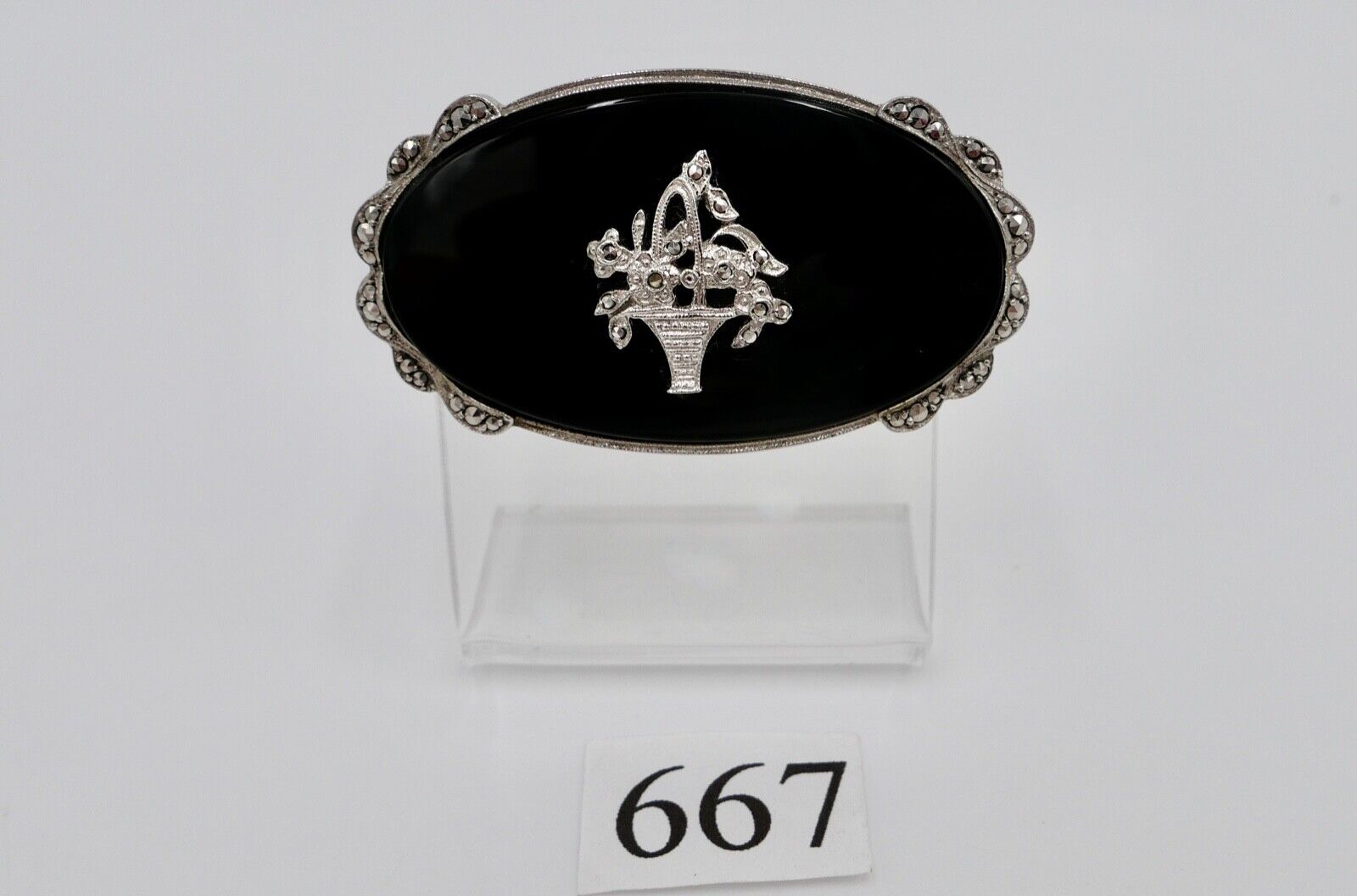 Seltene florale ONYX Markasiten 925 Silber Brosche CNP Ø 53 mm - Antikhandel-Stuttgart