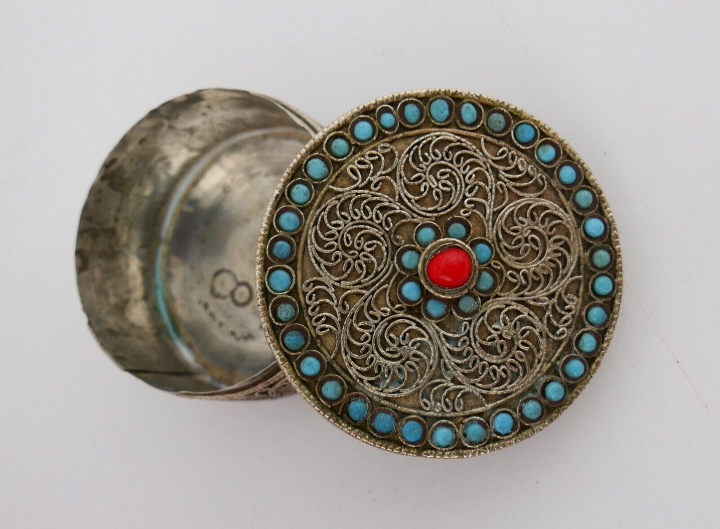 Antike Filigrane Pillendose Dose mit Türkis Ø 50mm Neusilber um 1900 - Antikhandel-Stuttgart