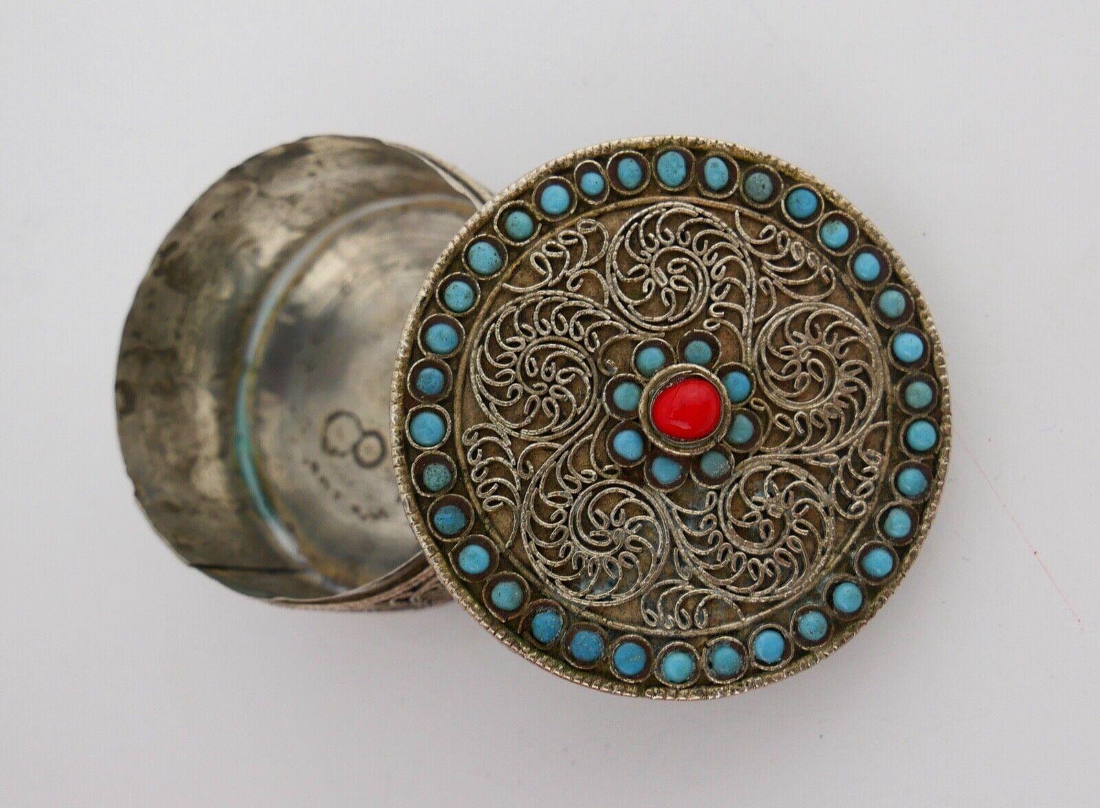Antike Filigrane Pillendose Dose mit Türkis Ø 50mm Neusilber um 1900 - Antikhandel-Stuttgart