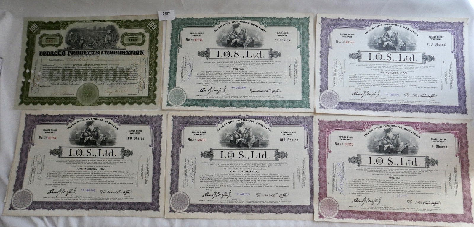 6x Aktien I.O.S. Ltd. Overseas & Tobacco Products Corporation Stock Wertpapier
