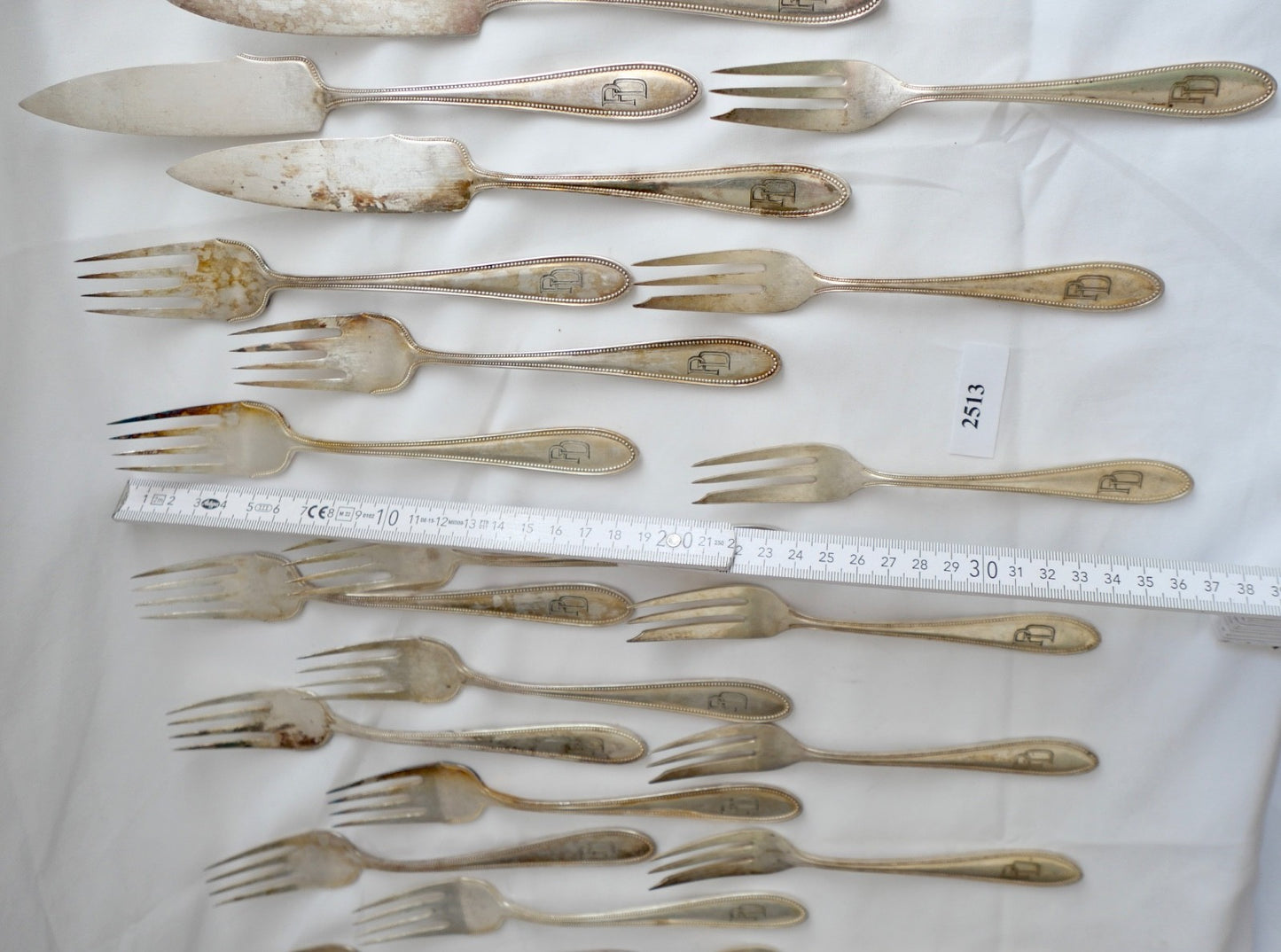 WMF G Perlrand 36 tlg. versilbert I/O Monogram PD um 1910 Straußen Fischbesteck