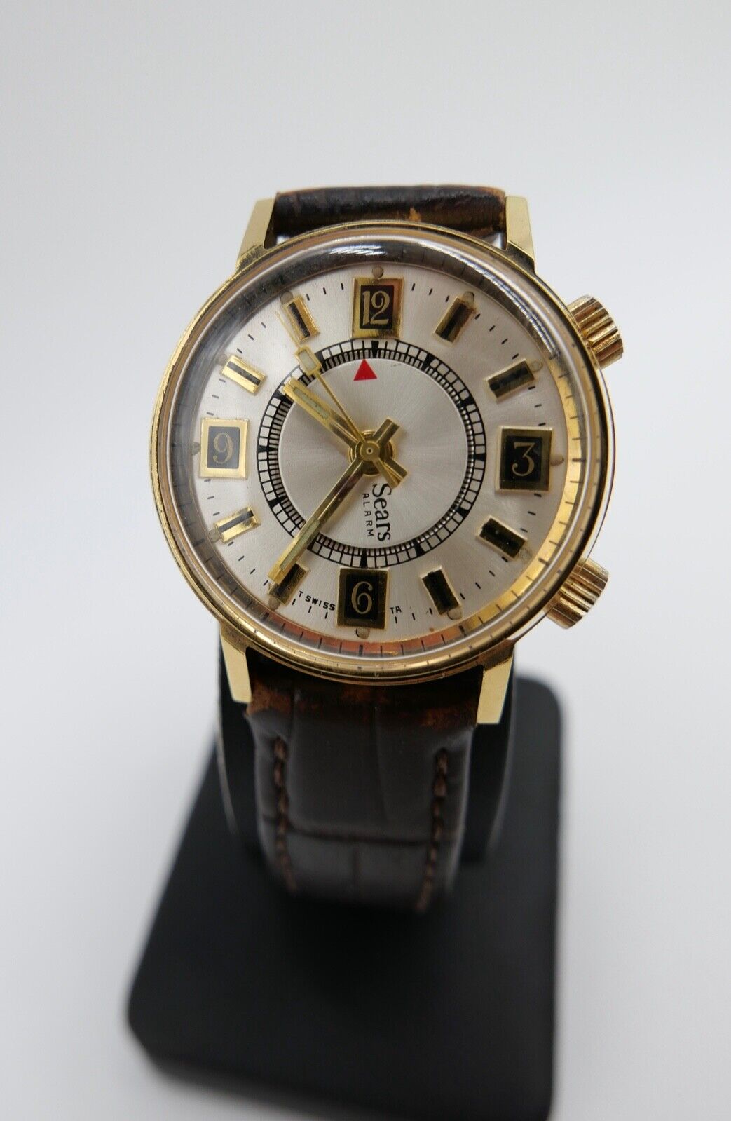 SEARS Mechanical Alarm 1970er Jahre Herrenuhr Handaufzug mit Lederband 16206 - Antikhandel-Stuttgart