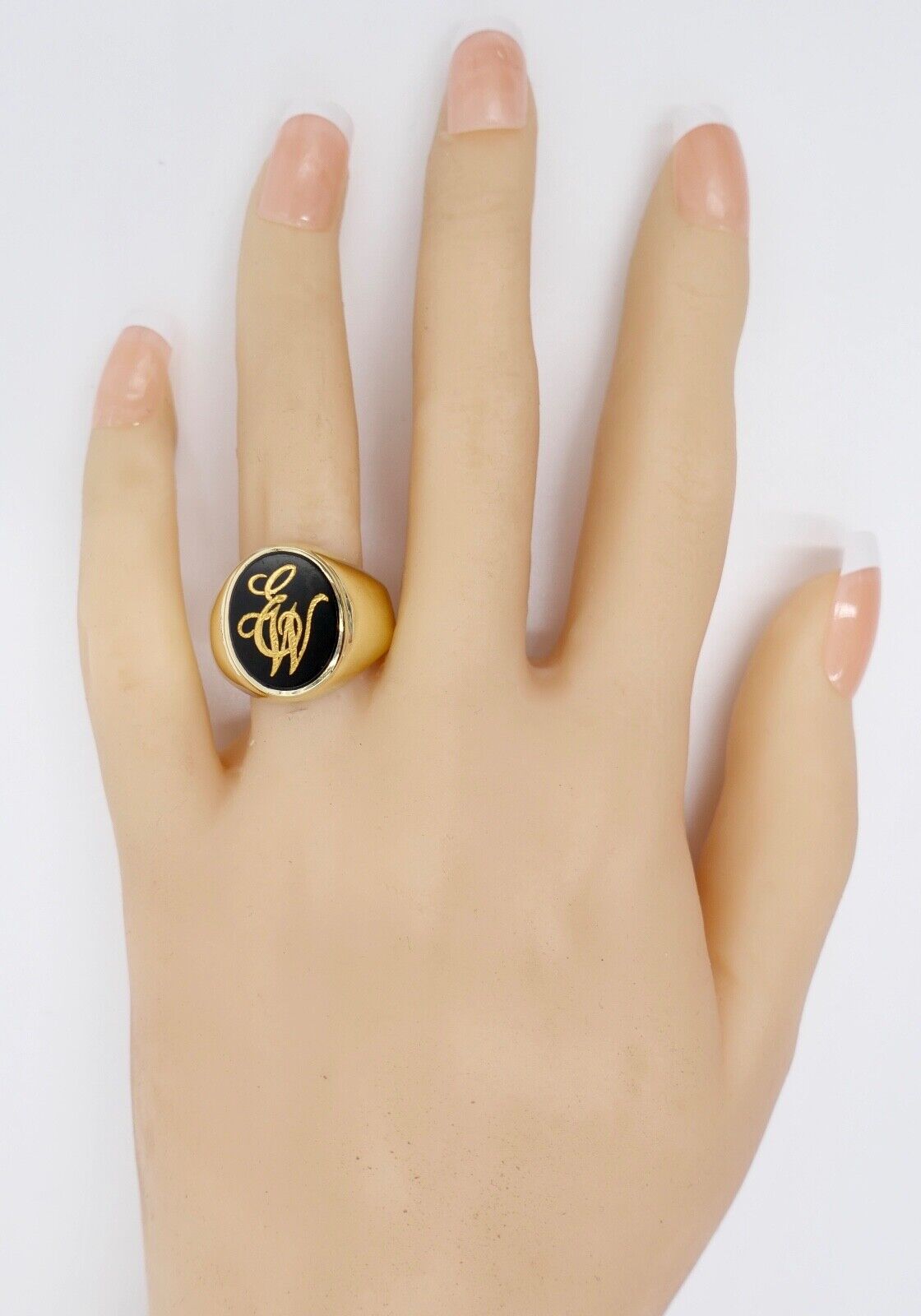 70er Massiver ONYX Herren Damen Siegelring Monogramm Initialen EW 585 14K Gr. 60 - Antikhandel-Stuttgart