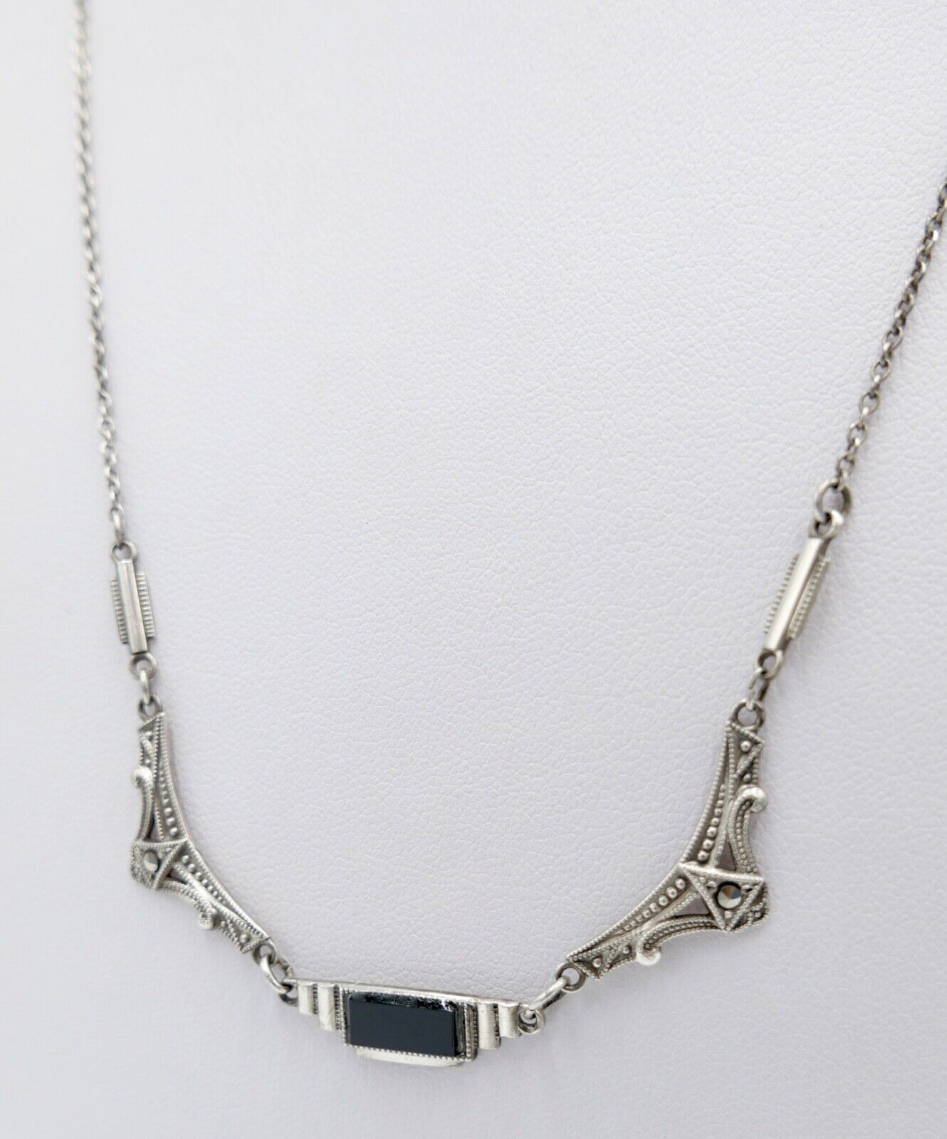 Antike filigrane 800 Silber Kette Collier 50 cm mit Markasiten und Onyx - Antikhandel-Stuttgart