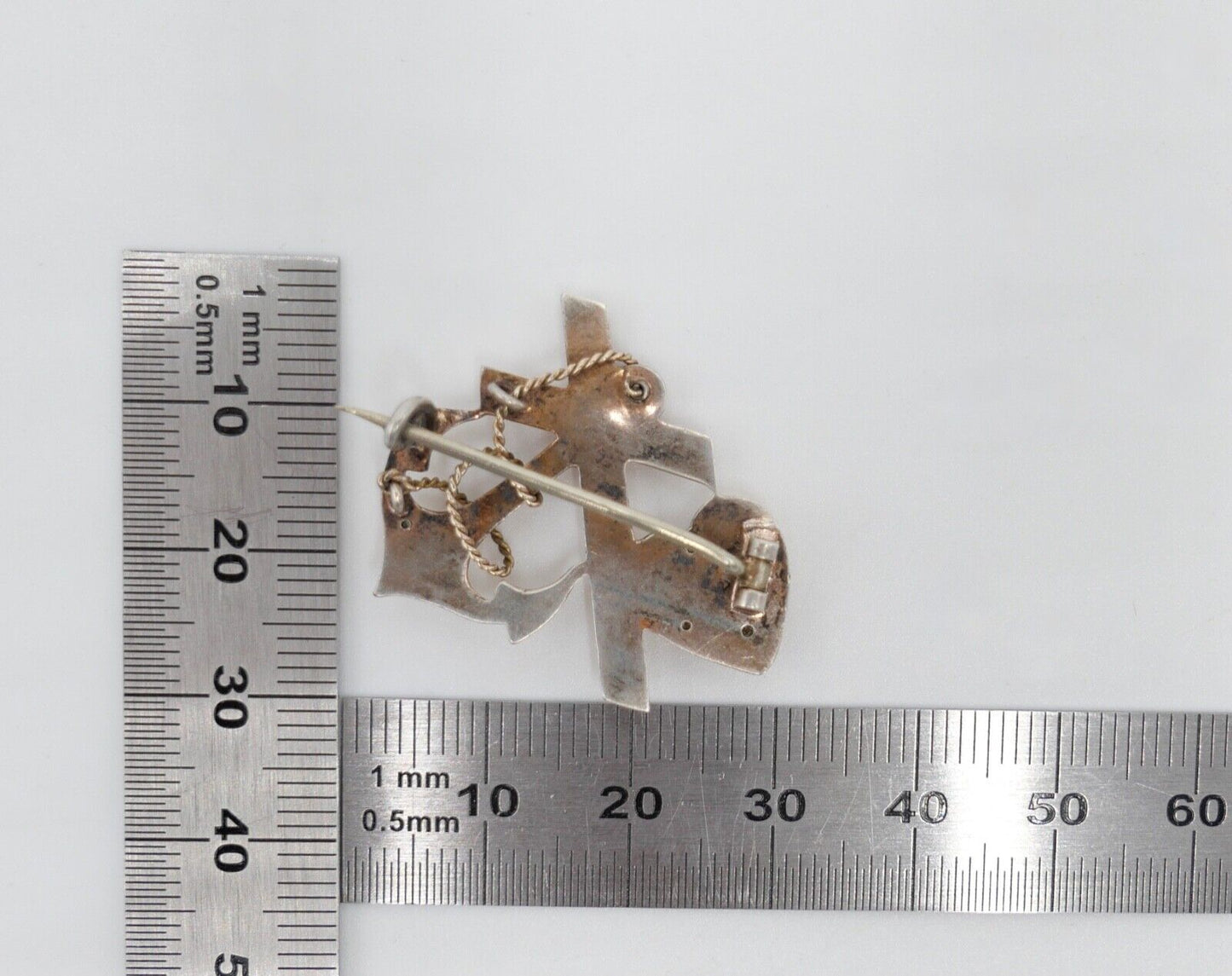 antike Brosche um 1900 Seefahrt Anker Herz Kreuz mit Perlen Silber vergoldet - Antikhandel-Stuttgart