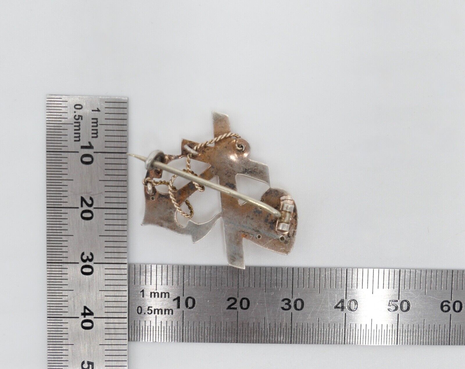 antike Brosche um 1900 Seefahrt Anker Herz Kreuz mit Perlen Silber vergoldet - Antikhandel-Stuttgart