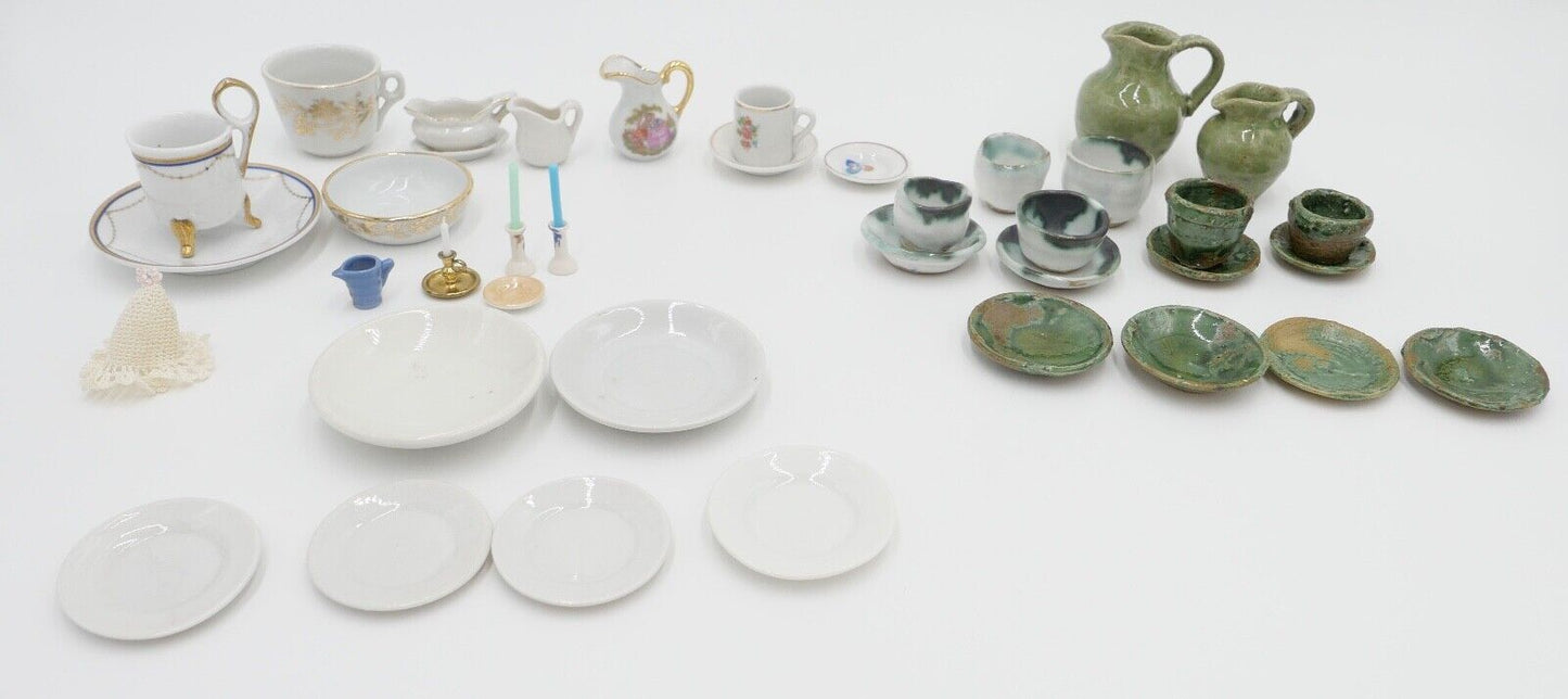 Vintage Porzellan Miniatur Puppenmöbel Puppenhaus Geschirr Tassen Teller - Antikhandel-Stuttgart