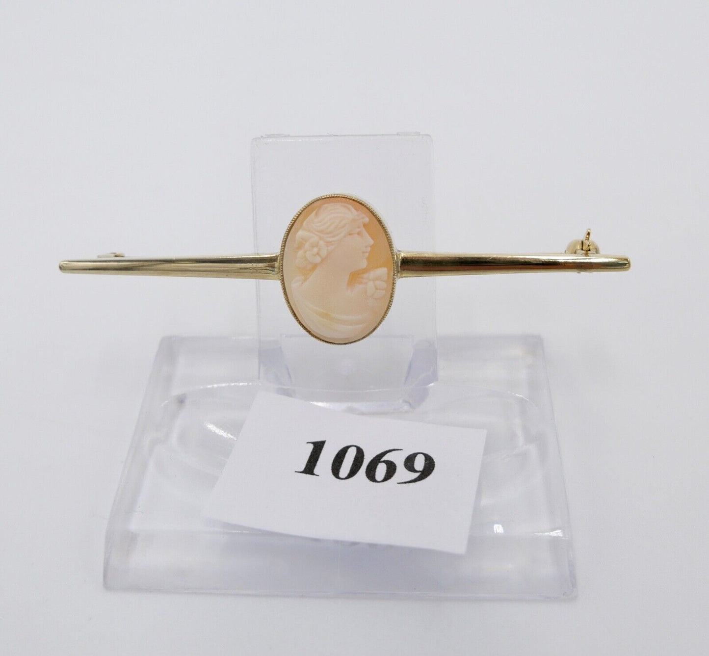 60er Jahre Stabbrosche Stecknadel Kamee Muschel Silber 835 vergoldet - Antikhandel-Stuttgart