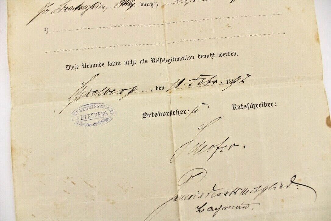 Bürgerrechts Urkunde 1892 Schultheissenamt Spielberg Civil rights certifi - Antikhandel-Stuttgart