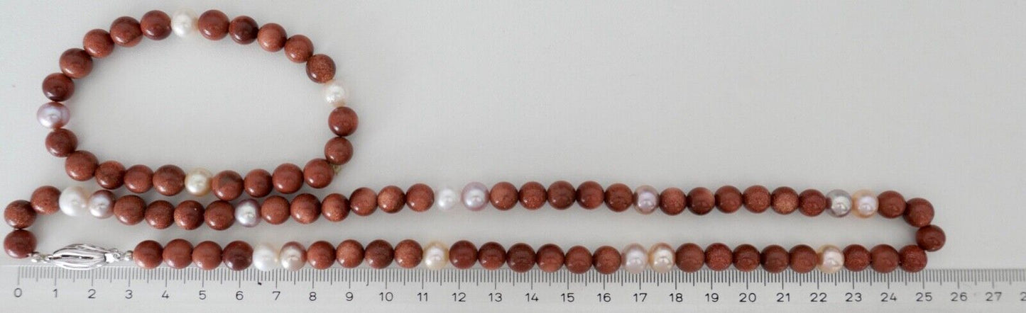 SET Perlenkette Armband Goldfluss Gold 585 /14K pearl Ø 8,3 mm 51 cm rosa Perlen - Antikhandel-Stuttgart