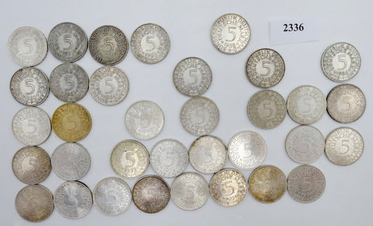 1951-1974 Konvolut LOT 34x 5 DM Silbermünzen J.387 Silberadler PP Heiermann - Antikhandel-Stuttgart