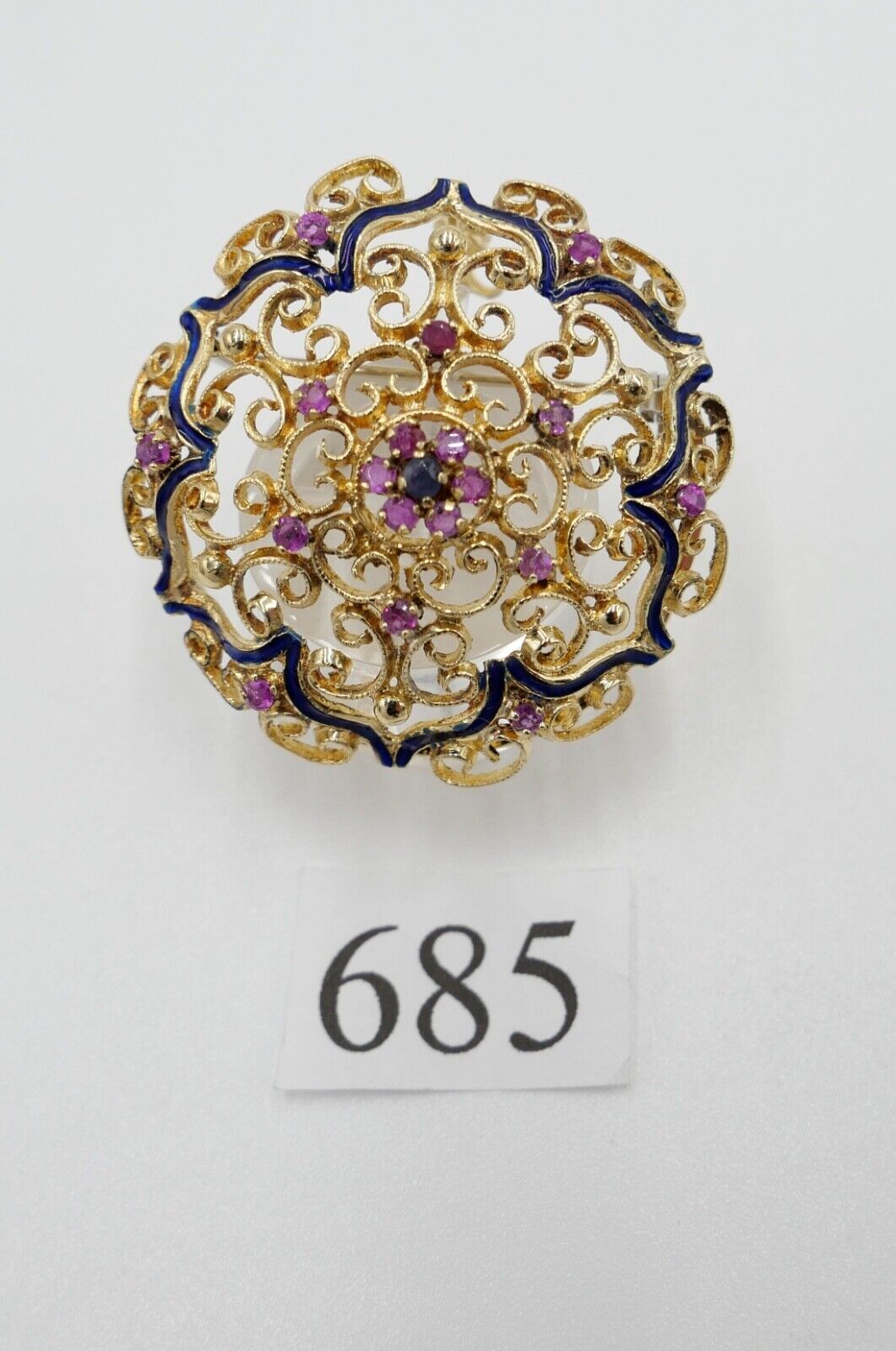 Filigrane Gelbgold Brosche & Anhänger Rubin Saphir Blaue Emaille Ø 40mm 750 18K - Antikhandel-Stuttgart