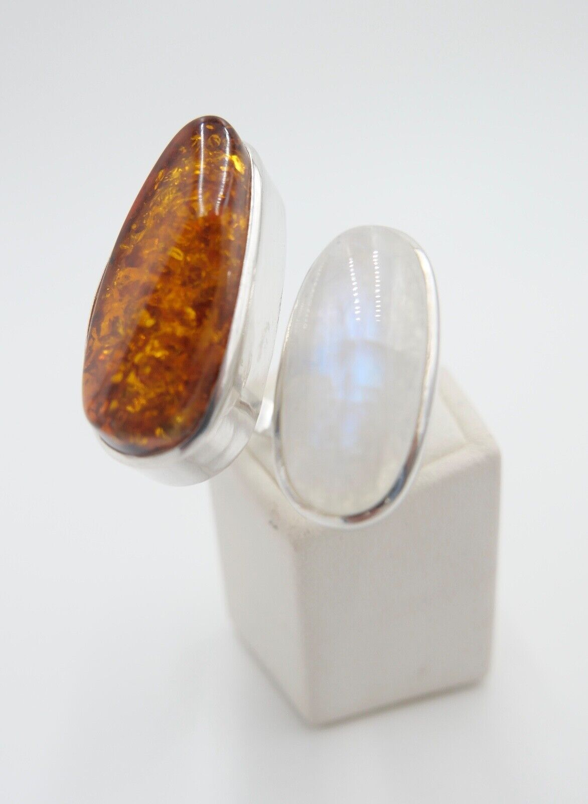 80er Jahre Designer Ring Bernstein & Mondstein Silber 925 Größe 60 verstellbar - Antikhandel-Stuttgart