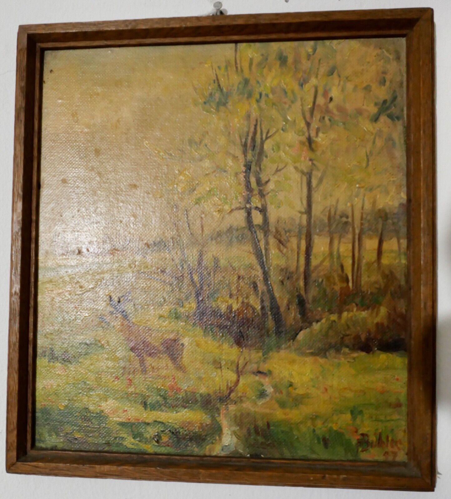 Ölgemälde signiert F BÜHLER 47 "LANDSCHAFT REH " 23x25 cm auf Hartfaser BILD - Antikhandel-Stuttgart