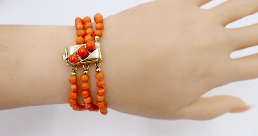 Korallen Armband 3 REIHIG 925 JKa Silber vergoldet ( aus einem Set ) - Antikhandel-Stuttgart