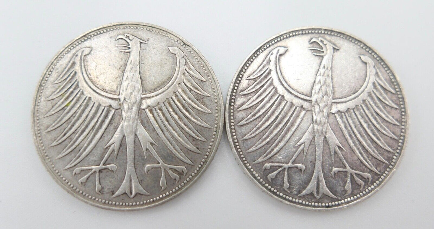 2x 5 DM 1961 J.387 Silbermünzen Silberadler Heiermann D F - Antikhandel-Stuttgart