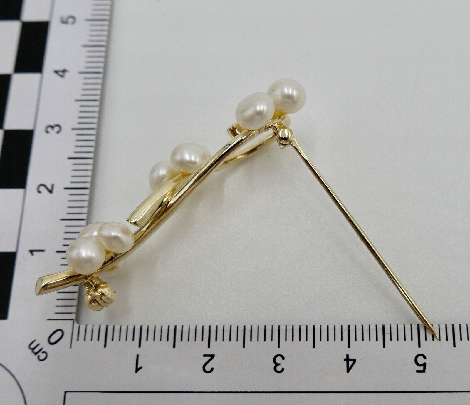 1980er Jahre Gold Perlen Diamant Brosche 585 14K HGA 46 mm - Antikhandel-Stuttgart