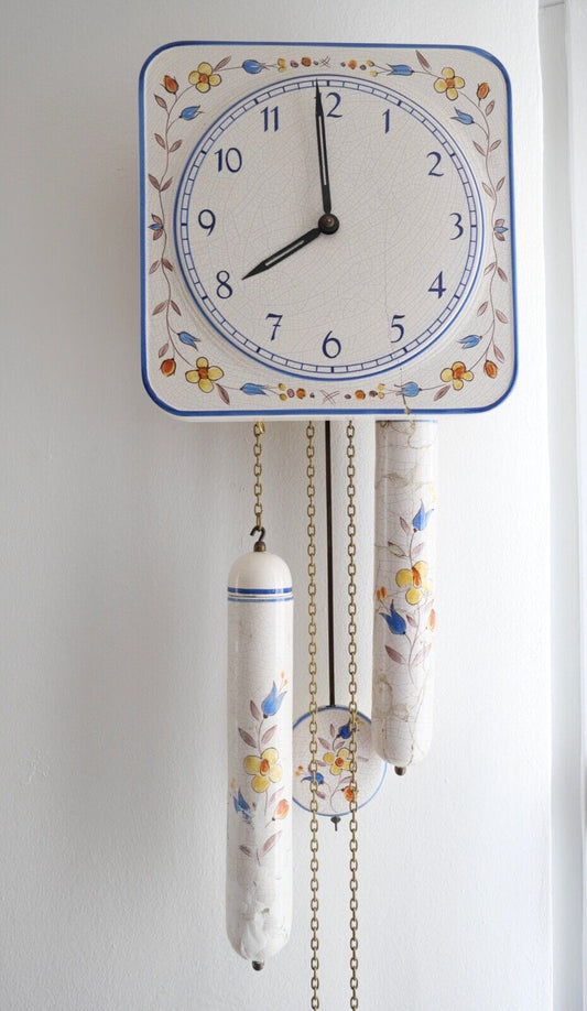 50er Porzellan Wanduhr 94/24 475 Gewichte Blumendekor Pendeluhr Junghans W 248 - Antikhandel-Stuttgart