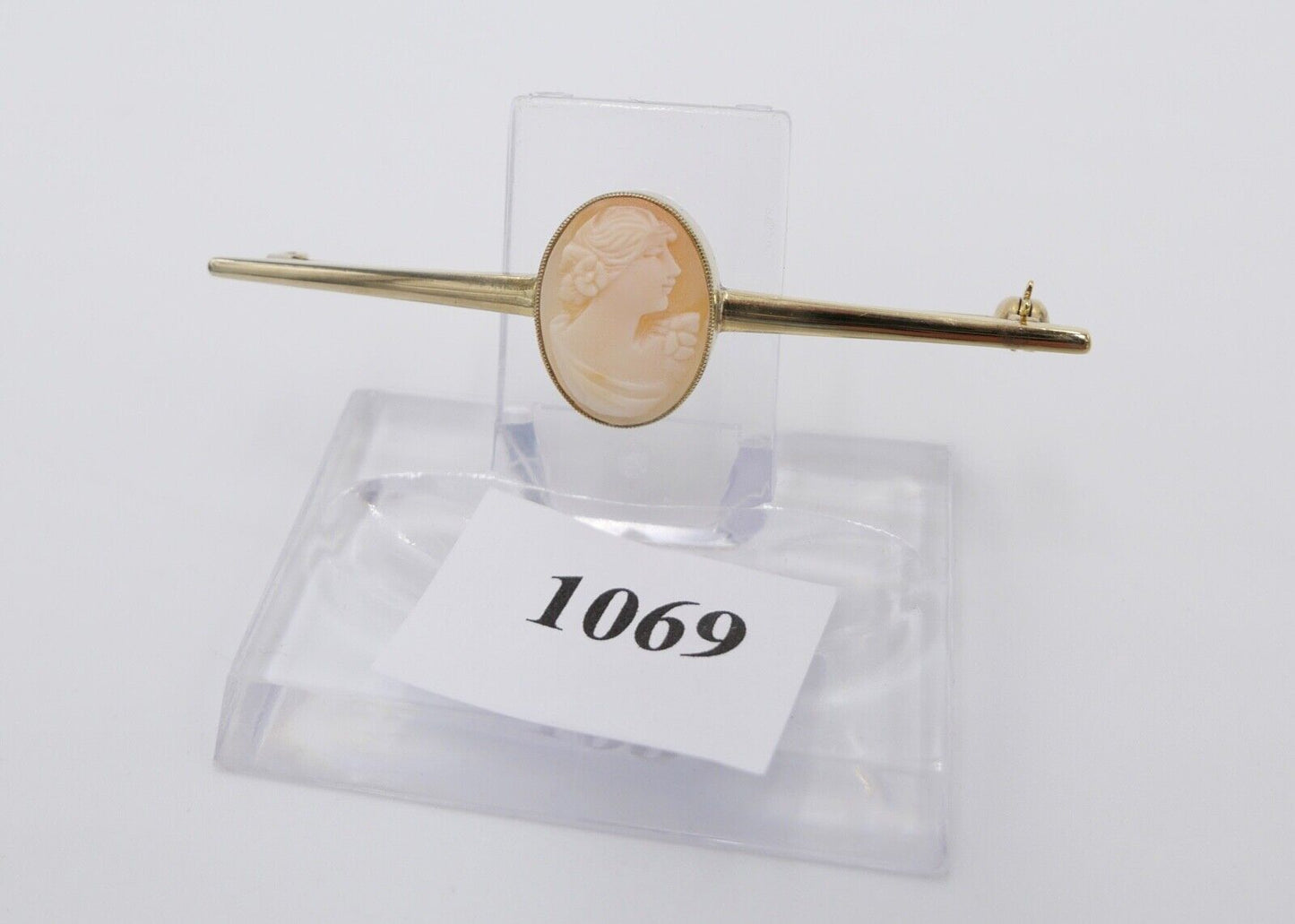 60er Jahre Stabbrosche Stecknadel Kamee Muschel Silber 835 vergoldet - Antikhandel-Stuttgart