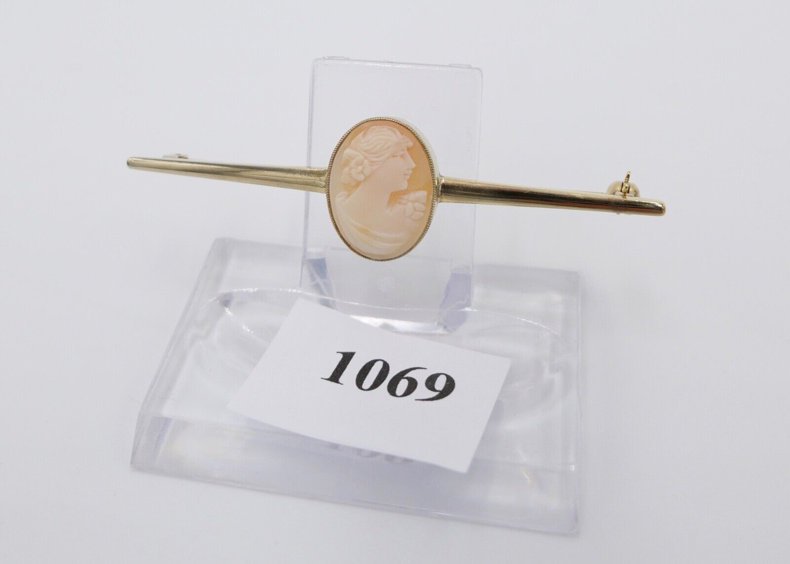 60er Jahre Stabbrosche Stecknadel Kamee Muschel Silber 835 vergoldet - Antikhandel-Stuttgart