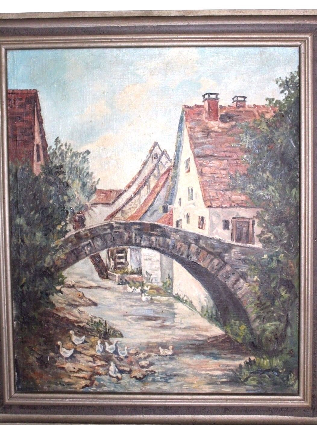 Großes Ölgemälde oil painting Dorf Bach Enten Brücke Wasser - Antikhandel-Stuttgart